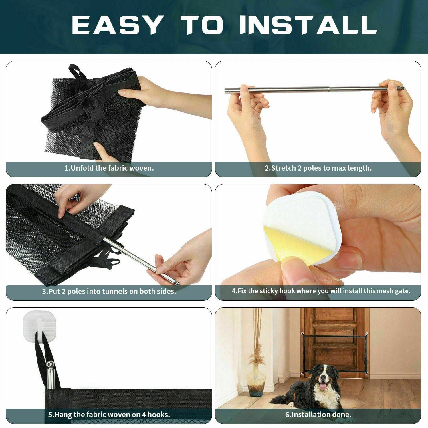 Instructions for installing a portable pet safety gate for dogs and cats, featuring 6 easy steps.