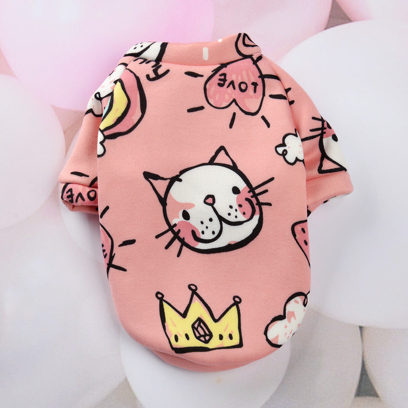 Vêtement pour chien en polyester rose avec motifs de chat, parfait pour l'automne et l'hiver.