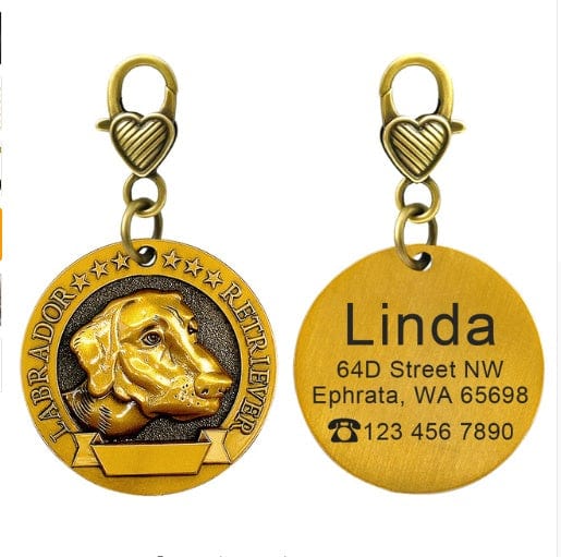 Porte-identité personnalisé pour chien en bronze avec inscription et image de labrador retriever.