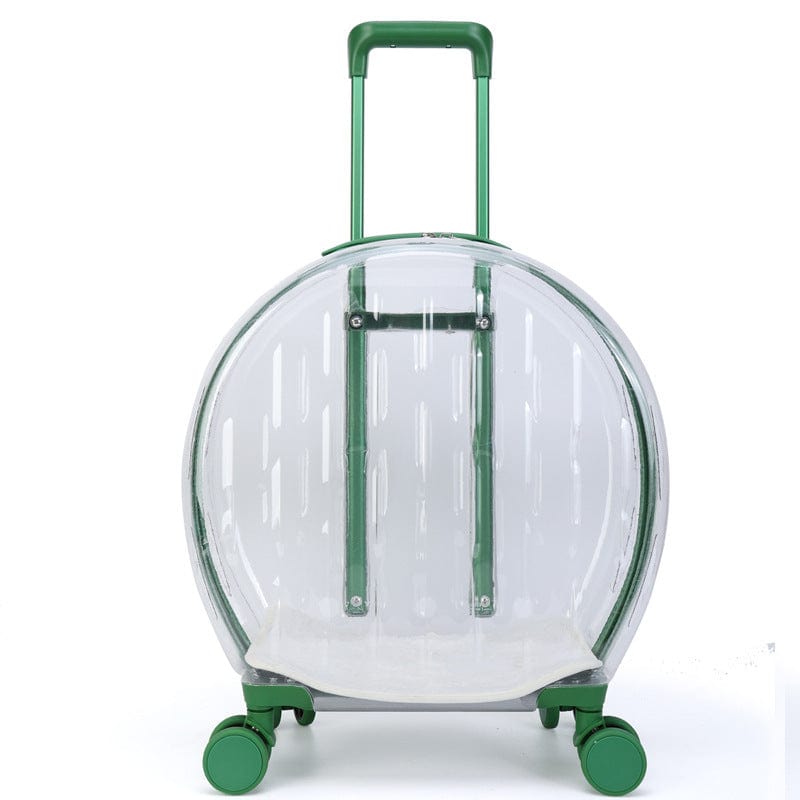 Sac à chat transparent avec poignée renforcée et roulettes vertes, idéal pour le transport d'animaux.