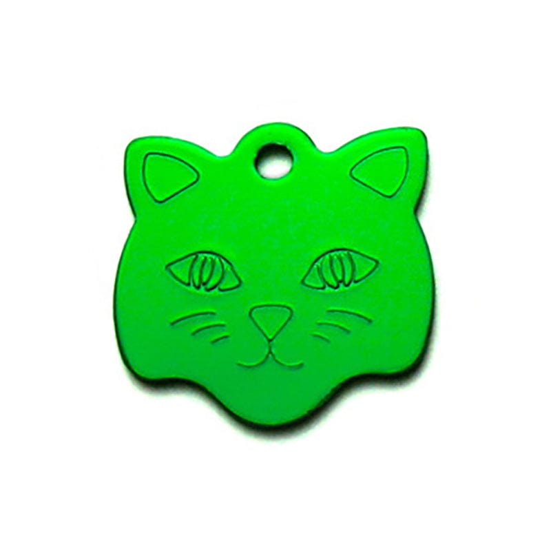 Médaille en aluminium verte en forme de tête de chat pour collier d'animaux.