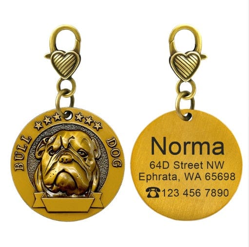 Porte-identité personnalisé en bronze pour chien avec gravure et contact, accessoire élégant et durable.
