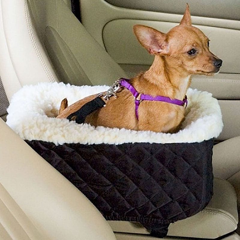 Petit chien dans un sac de voiture confortable et sécurisé, parfait pour le transport des animaux.