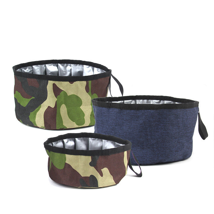 Trois bols pliables en tissu Oxford pour chien, un motif camouflage et deux en couleur solide, idéaux pour l'alimentation en extérieur.