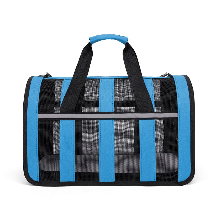 Sac à dos pour chat portable en filet noir et bleu, pour un transport confortable et sécurisé.