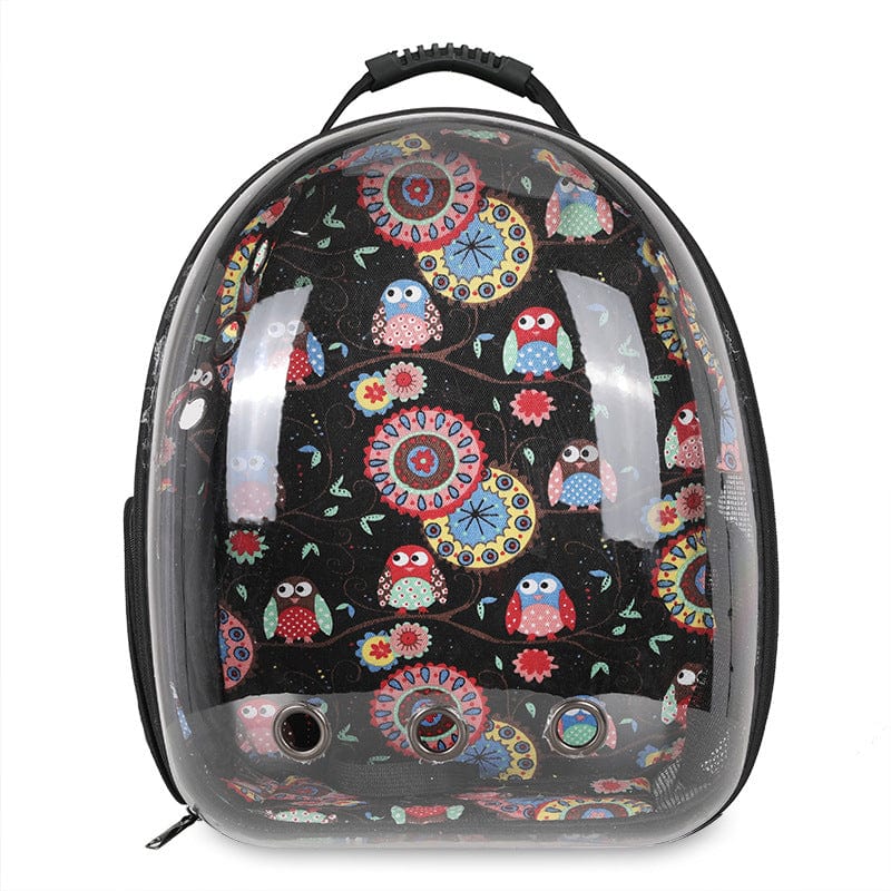 Sac à dos transparent pour animaux avec motif coloré de hiboux, idéal pour transporter des animaux de compagnie.