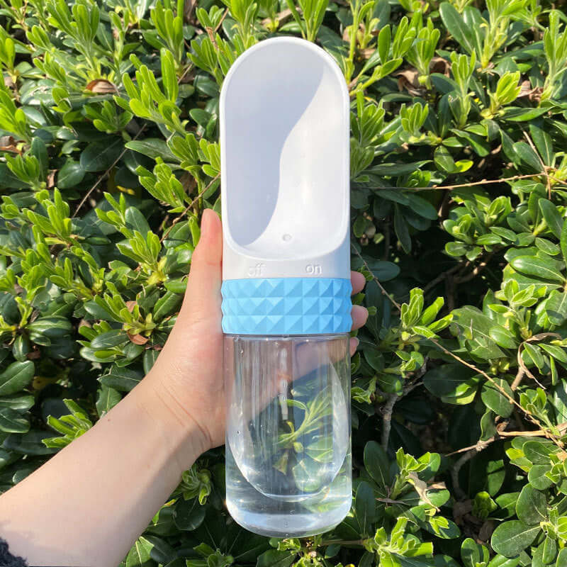 Gobelet d'eau portable pour chien, idéal pour les aventures en plein air, en mains avec fond bleu.