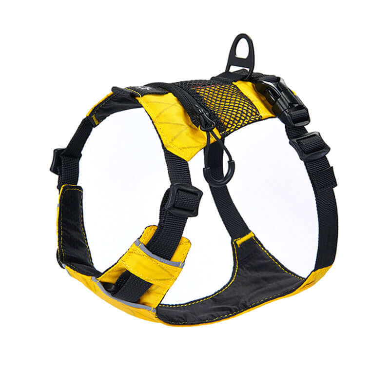Harnais de chien étanche et réfléchissant en nylon, conçu pour confort et sécurité, disponible en plusieurs tailles.