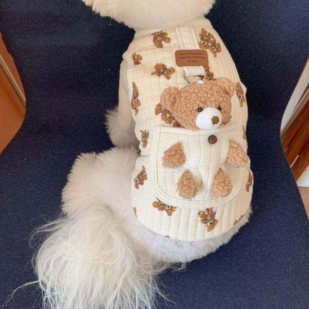 Gilet en coton pour chien avec motif ours et poche, idéal pour le confort et le style des animaux de compagnie.