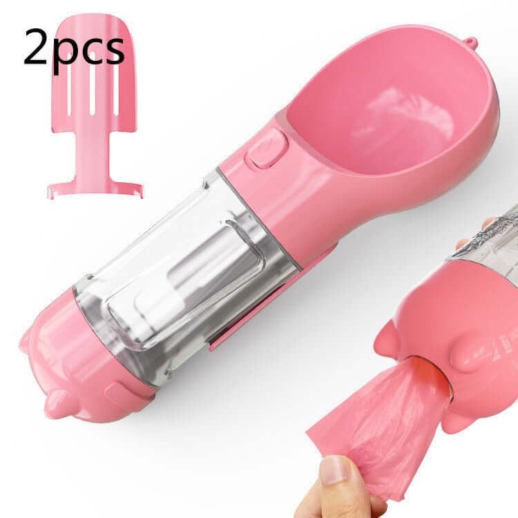 Bouteille d'eau portable 3 en 1 rose pour animaux avec distributeur de sacs, idéale pour les promenades.