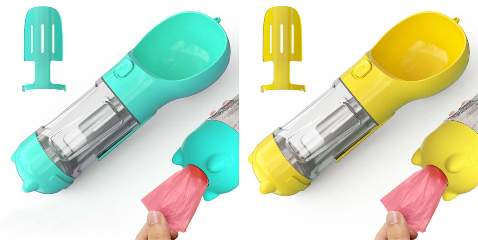 Bouteille d'eau portable pour animaux 3 en 1, disponibles en bleu et jaune, avec accessoire pour distribution de nourriture.