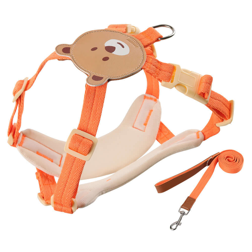Harnais pour chien en polyester orange avec motif d'ours et laisse assortie, idéal pour promener votre petit animal.