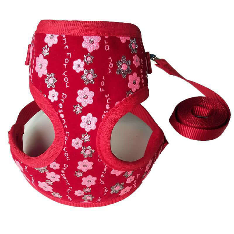 Laisse pour petit chien avec motif floral en rouge, idéale pour les promenades stylées et sécurisées.