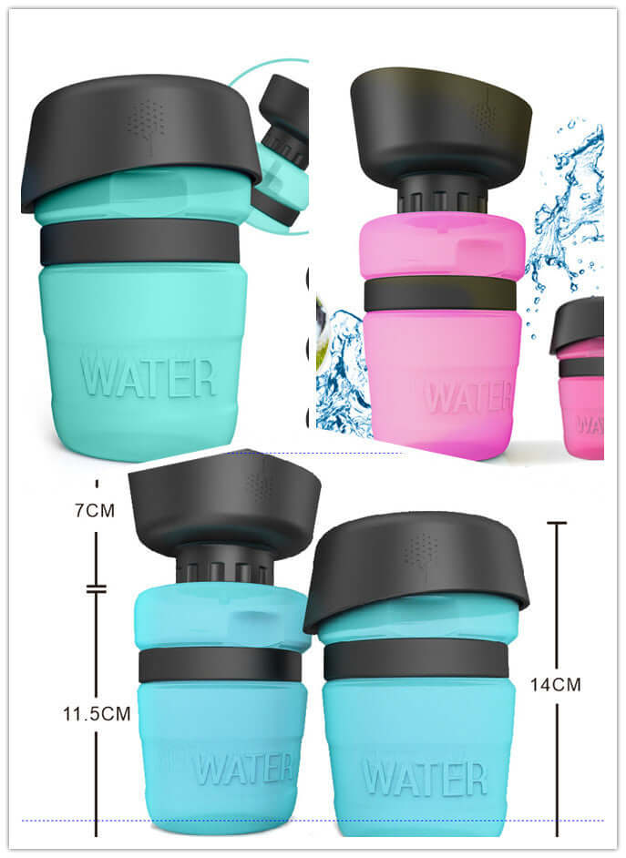 Bouteille d'eau pétillante pour animaux en silicone, bleu et rose, idéale pour hydratation en extérieur.