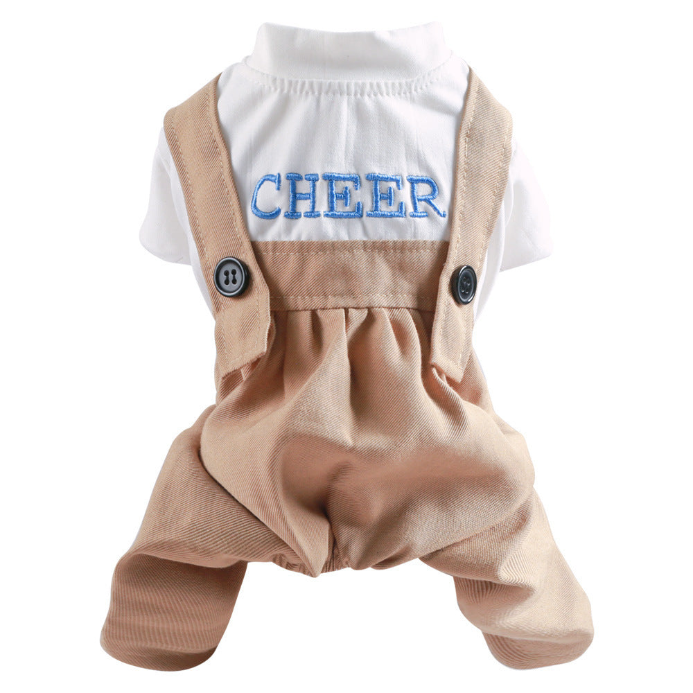 Manteau pour animaux avec salopette beige et inscription 'CHEER', style décontracté pour chiens et chats.