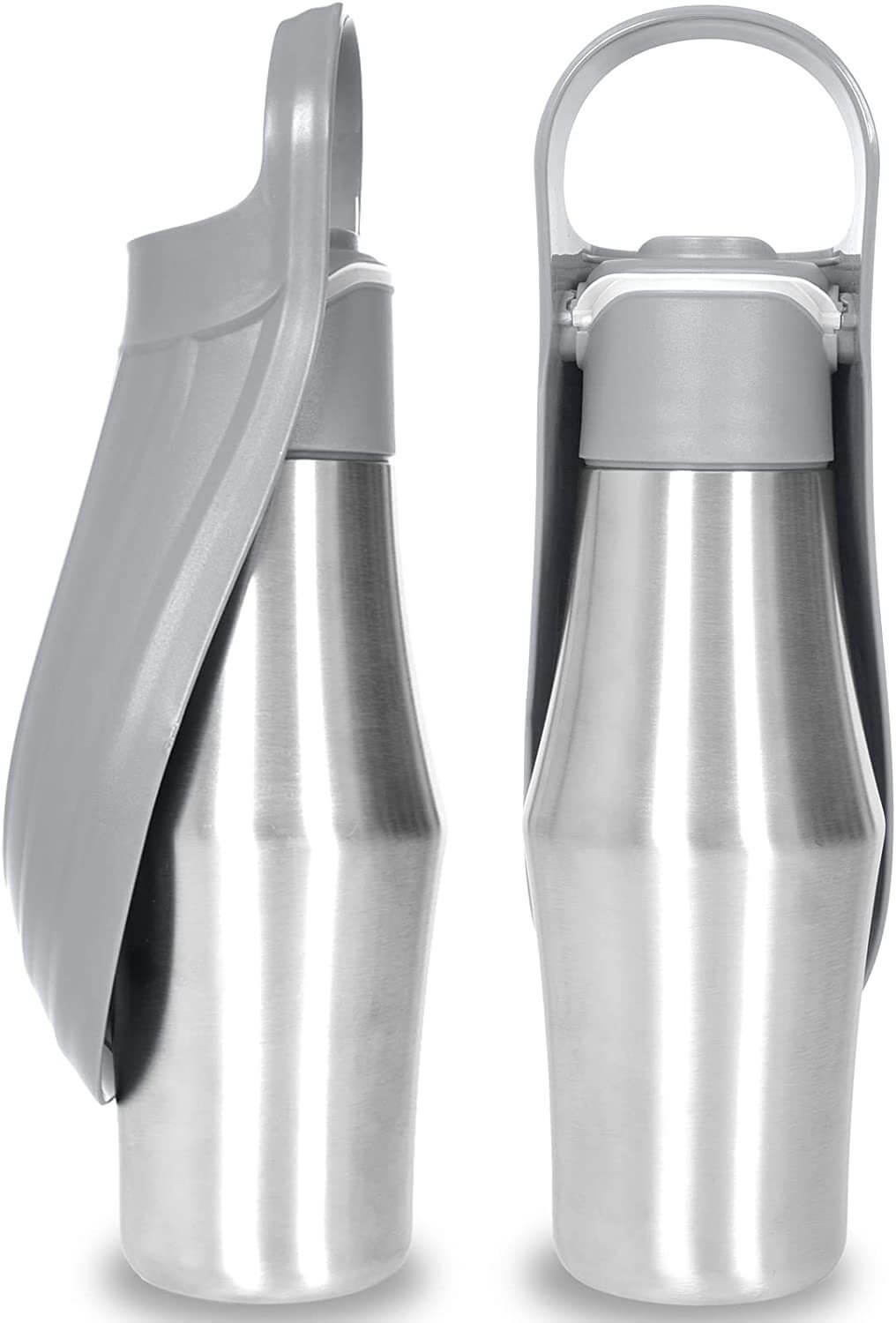Bouteille d'eau portable en acier inoxydable avec couvercle en silicone pour chien, idéale pour les déplacements.