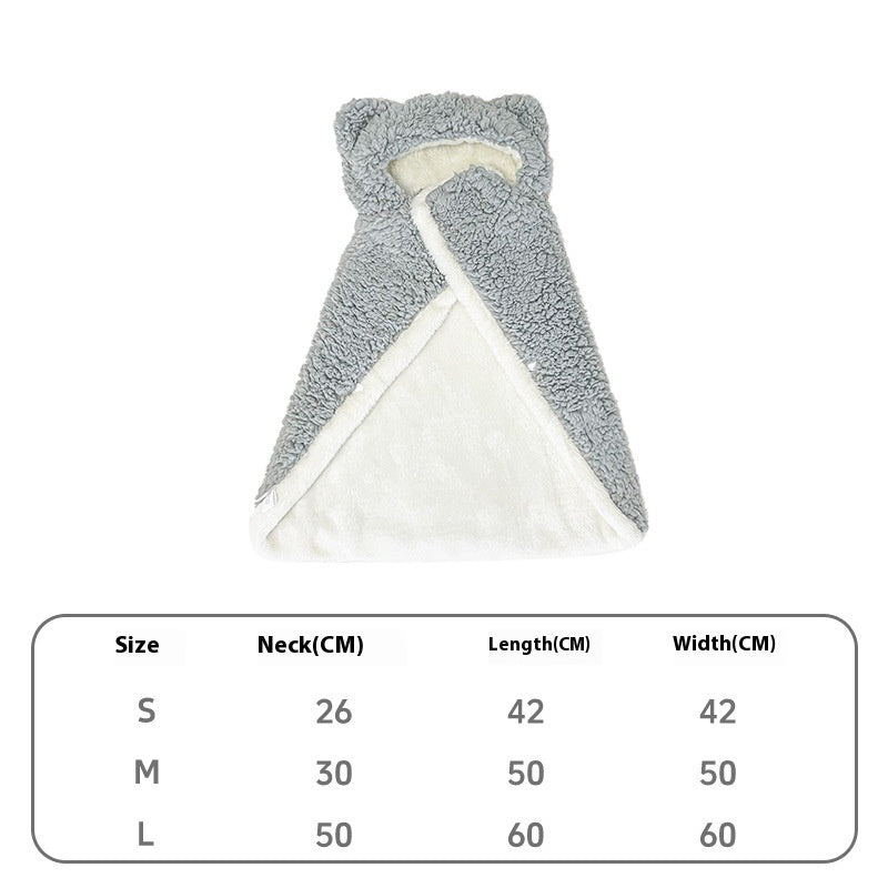 Manteau doux en velours coton pour animaux, dimensions détaillées, coloris gris, idéal pour chats et chiens.