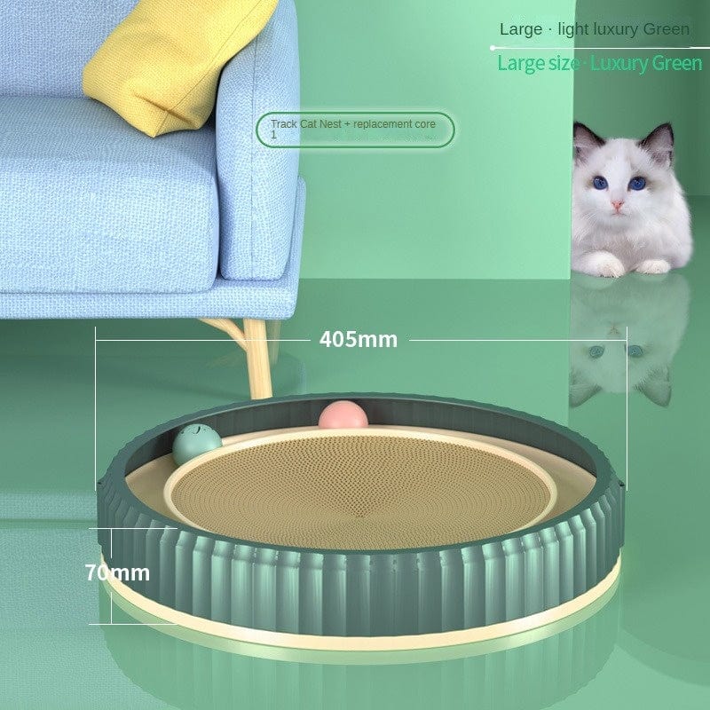 Planche à gratter ronde pour chat, avec deux balles, design élégant, couleur verte, adapté pour jeux et détente.