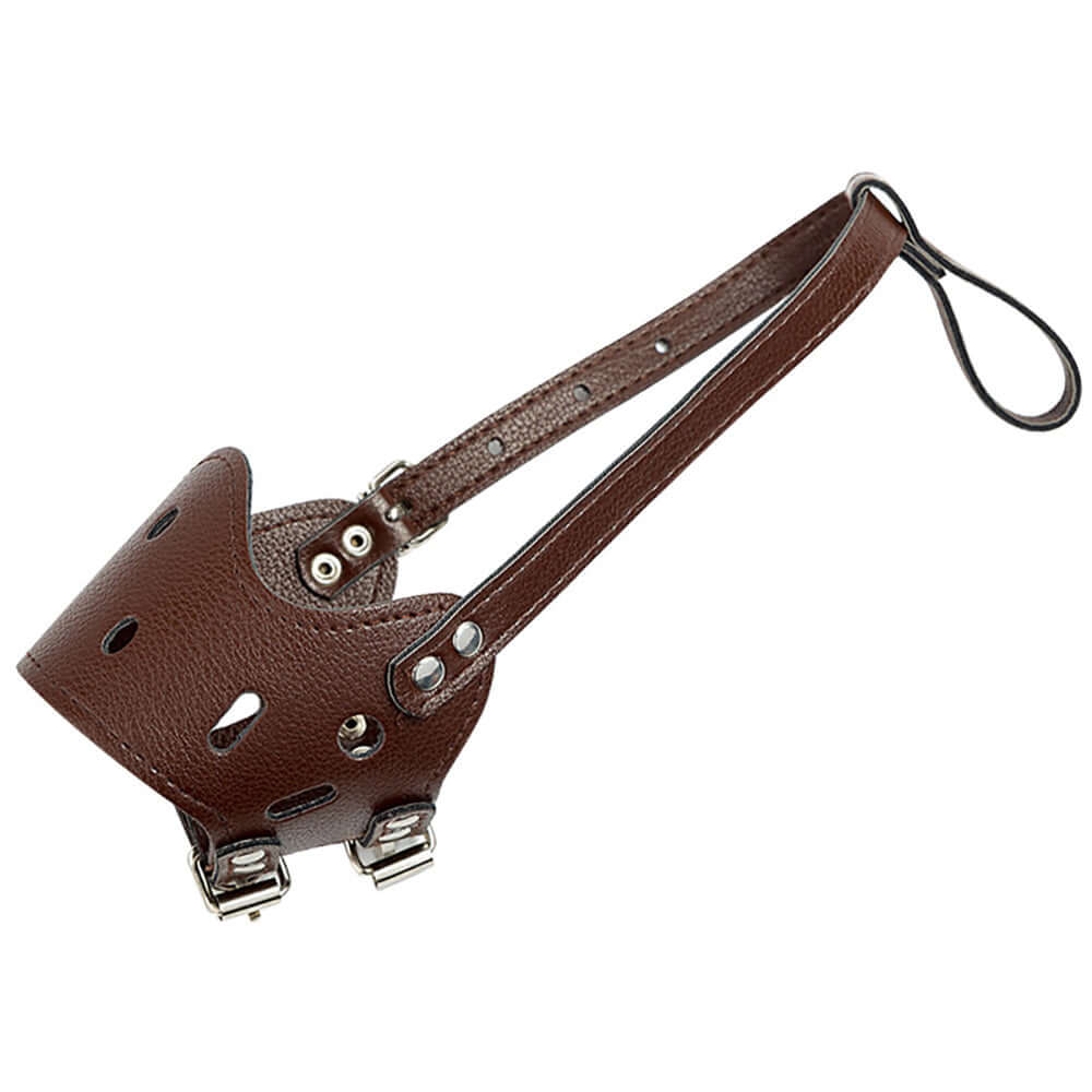 Muselière en cuir confortable pour chiens, équipée de trous de ventilation et d'une sangle robuste.