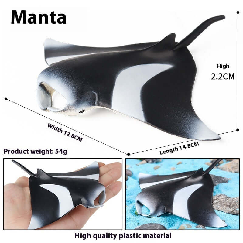 Modèle de poisson manta en plastique haut de gamme, jouet éducatif pour enfants, dimensions incluses.
