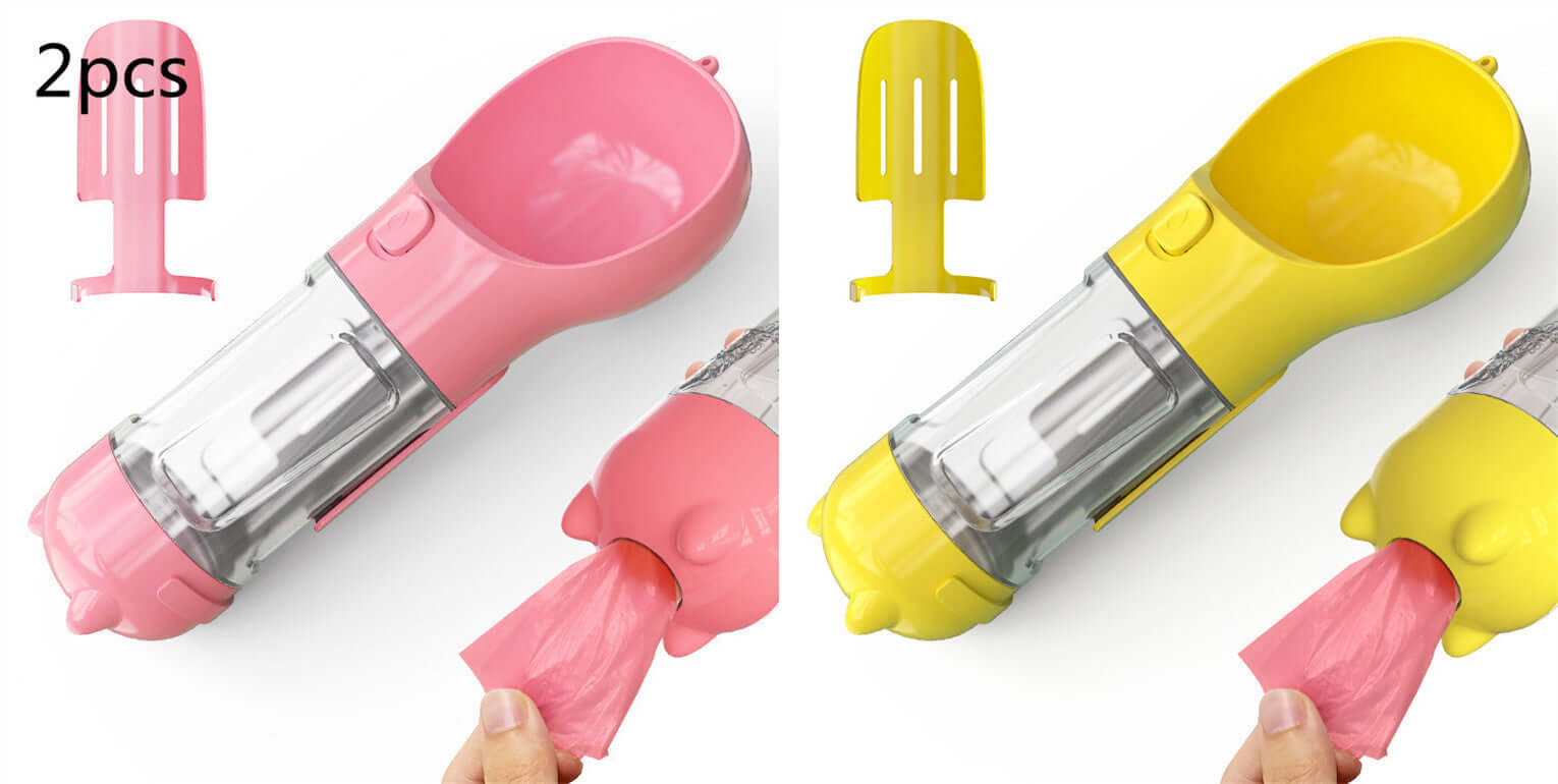 Bouteille d'eau portable 3 en 1 pour animaux, rose et jaune, pratique pour hydrater votre animal lors des sorties.