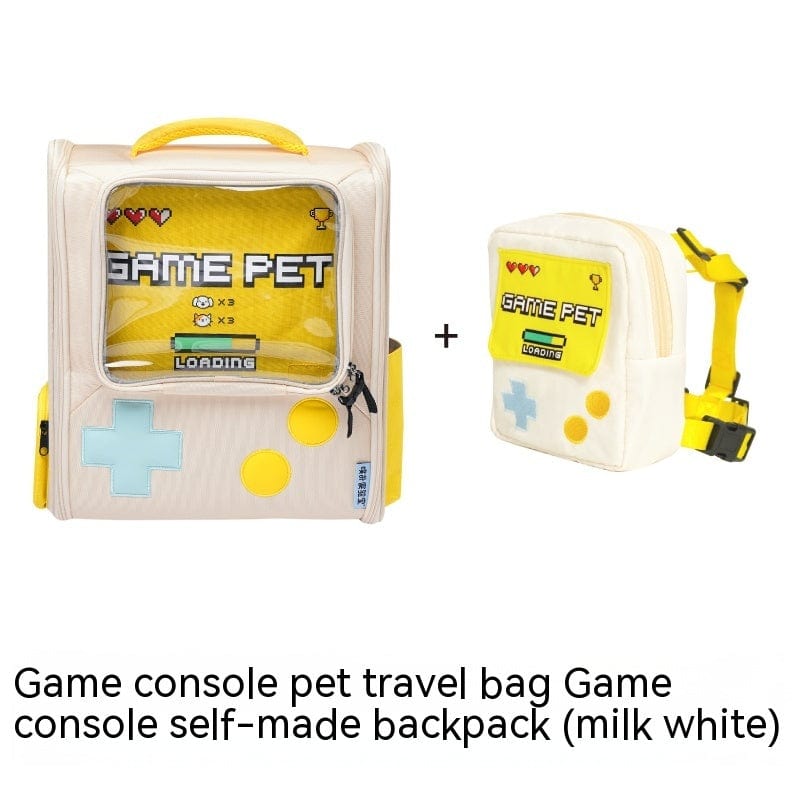Sac à dos pour animaux de compagnie inspiré de consoles de jeux, couleur lait, pour voyages stylés.