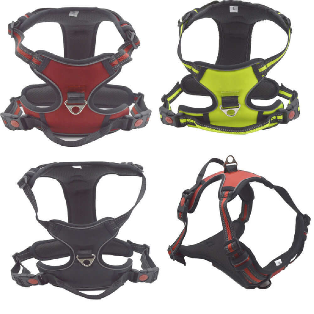 Harnais de traction pour animaux en quatre couleurs : rouge, noir, vert, et rouge avec détails résistants.
