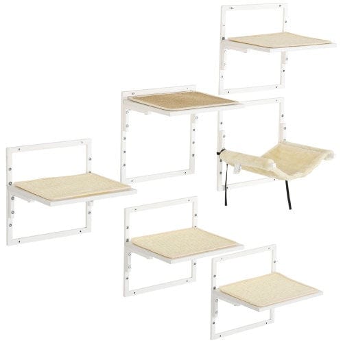 Étagères murales modernes pour chats PawHut en blanc, ensemble de 6 plateformes ajustables et confortables.