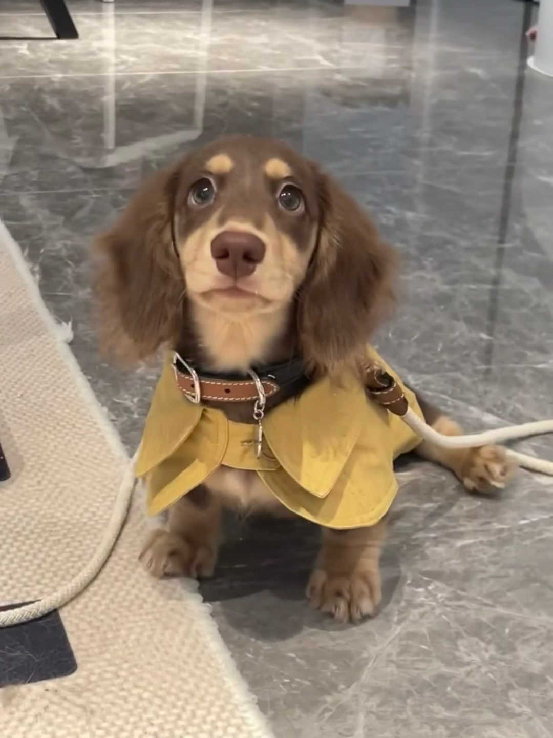 Petit chien avec un windbreaker jaune fromage, idéal pour l'hiver, accompagné d'un collier en cuir et d'un environnement moderne.