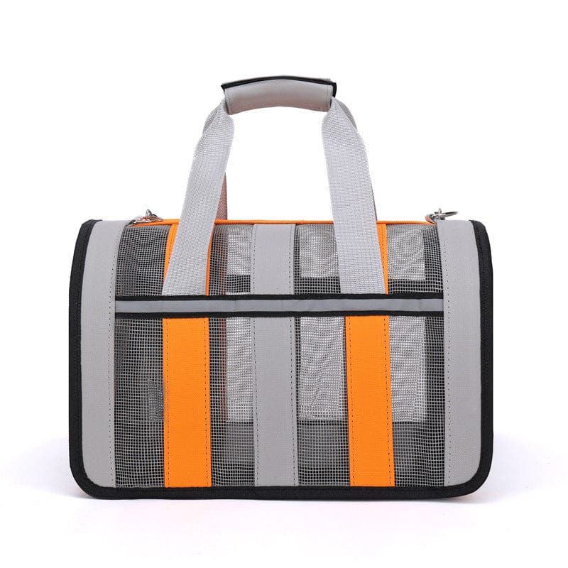 Sac à dos pour chat portable, gris et orange, avec poignées robustes pour transports sécurisés.