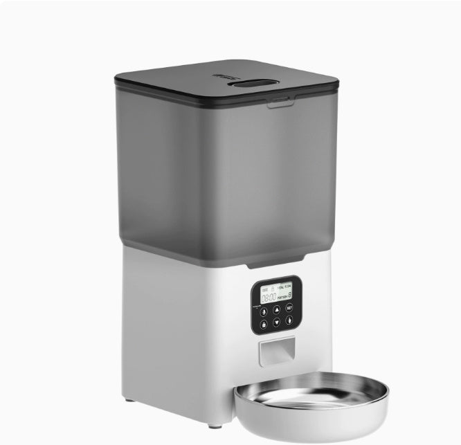 Distributeur d'eau automatique pour animaux avec écran et bol en acier inoxydable.