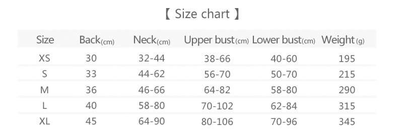 Size chart for clothing, including measurements for XS to XL, detailing back, neck, and bust sizes.