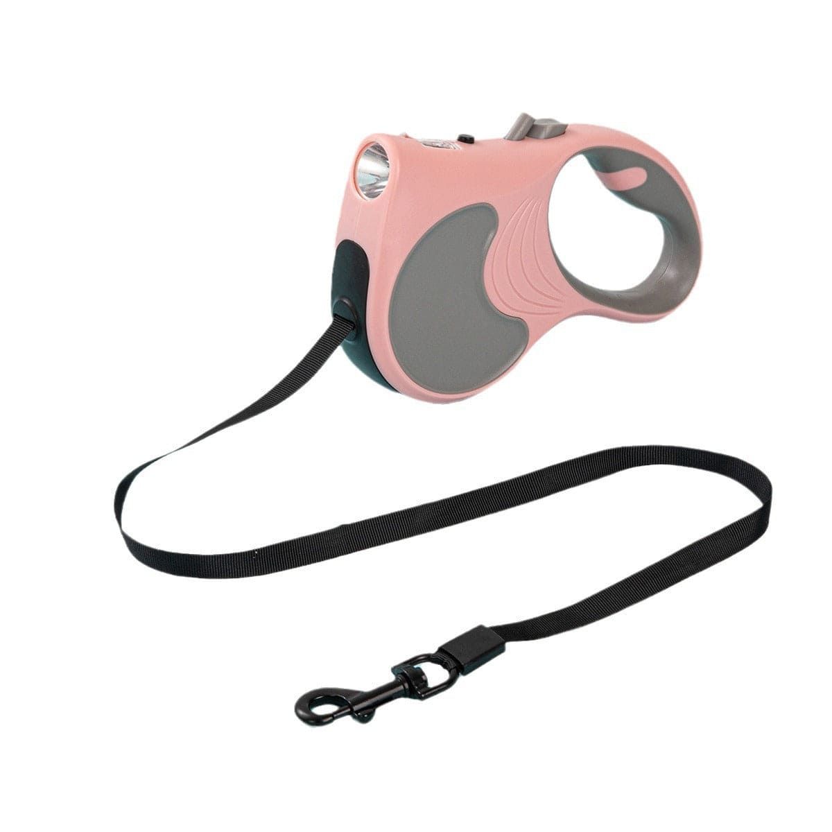 Laisse automatique rétractable rose pour animaux, avec lumière intégrée pour sécurité lors des promenades.