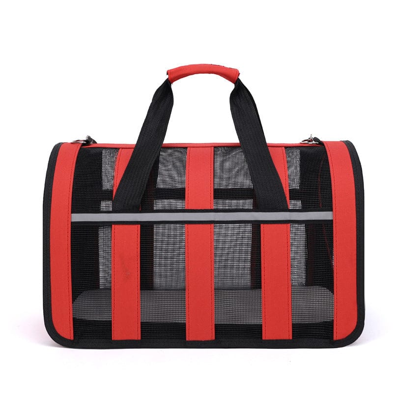 Sac à dos portable pour chat, rouge et noir, avec filets pour visibilité et confort.