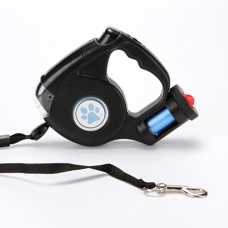 Laisse rétractable pour chien avec lampe torche intégrée et rangement, idéale pour des promenades sécurisées.