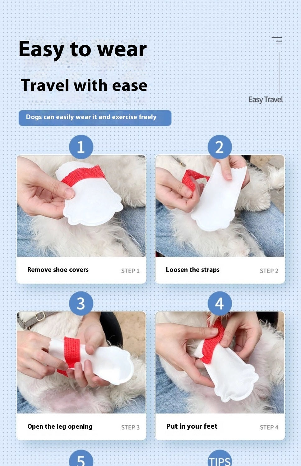 Instructions for fitting dog shoes: remove covers, loosen straps, open leg, and secure.