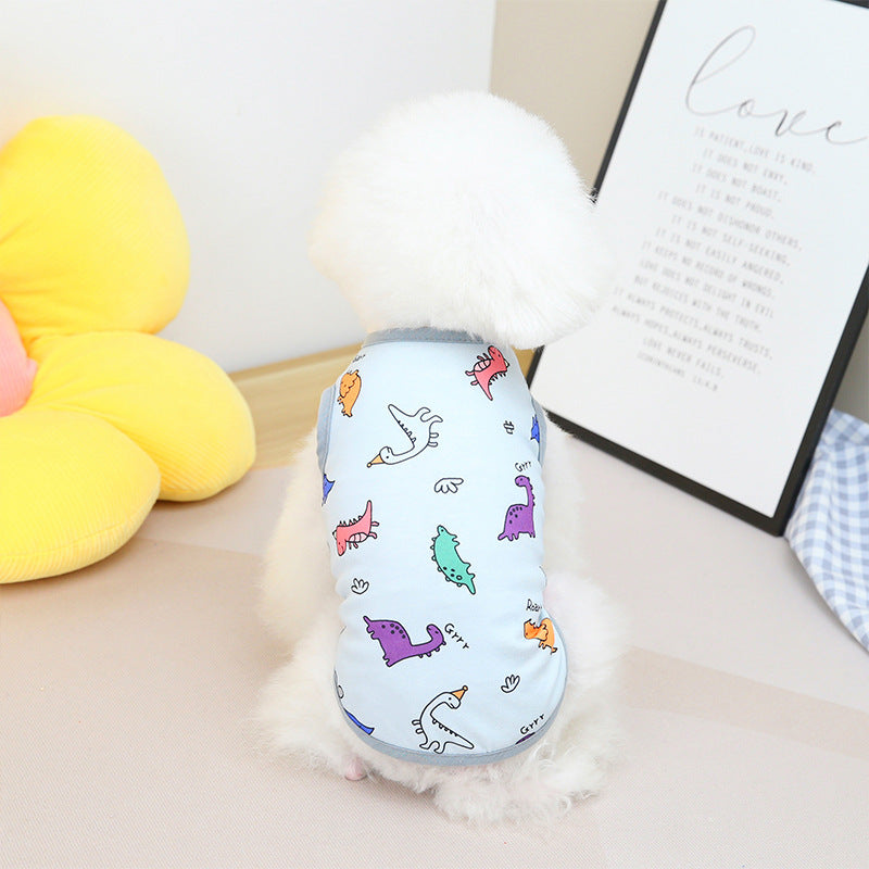 Vêtement pour chien en coton biologique avec motifs colorés de dinosaures, parfait pour le printemps/été.