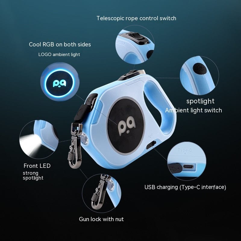 Détails de la laisse à chien LED rétractable avec lumière RGB, contrôles et ports de chargement USB.