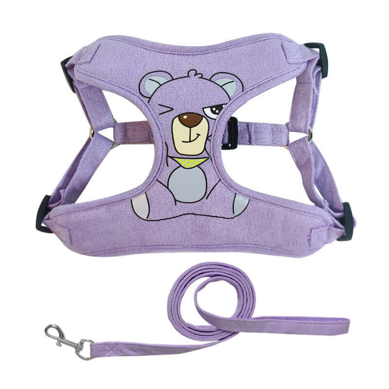 Harnais en suède pour animaux de compagnie avec motif ours, violet, incluant une laisse assortie pour chien.