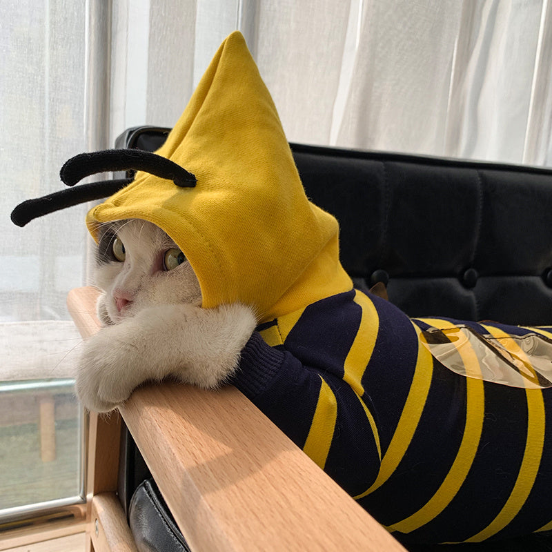Chat portant un costume de abeille avec capuche jaune et rayures noires et jaunes, allongé sur un meuble.