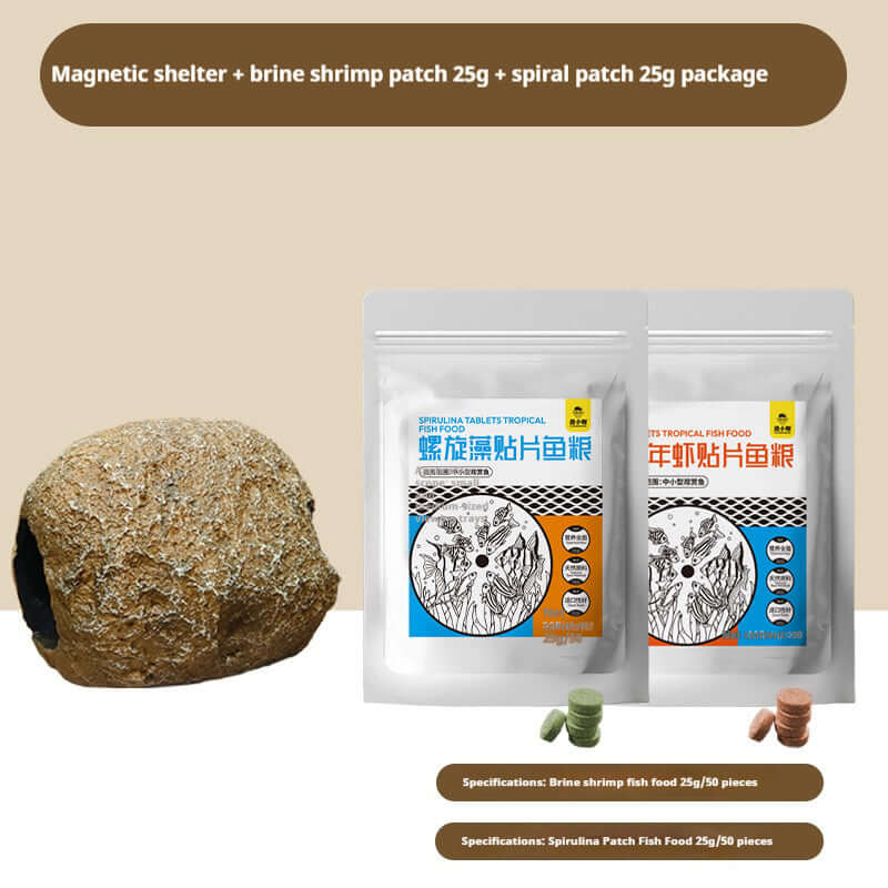 Magnetic shelter and fish food package including brine shrimp and spirulina patches for aquariums.