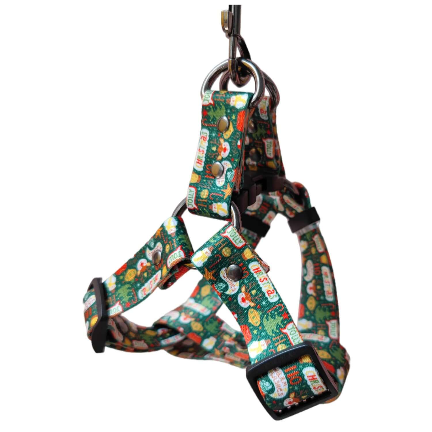 Harnais de Noël coloré pour chien en polyester, parfait pour des promenades festives et stylées.