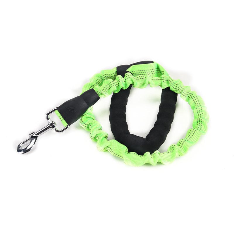 Laisse élastique pour chien en vert fluorescent avec poignée ergonomique pour promenades confortables.