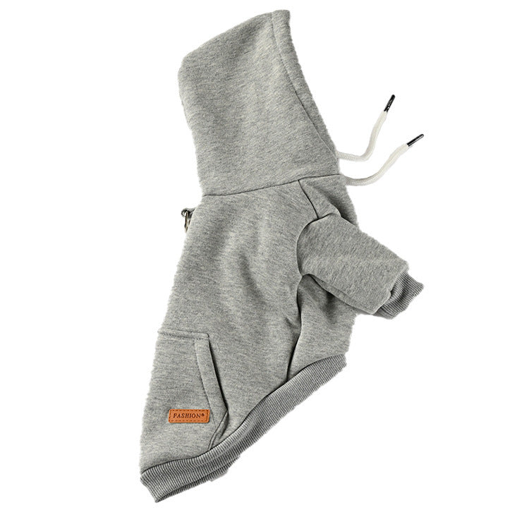 Sweat à capuche pour chien en coton gris, style décontracté, idéal pour le confort et la chaleur des animaux.