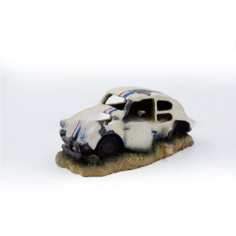 Miniature decorative resin car ornament for aquarium, featuring a weathered design and earthy base.