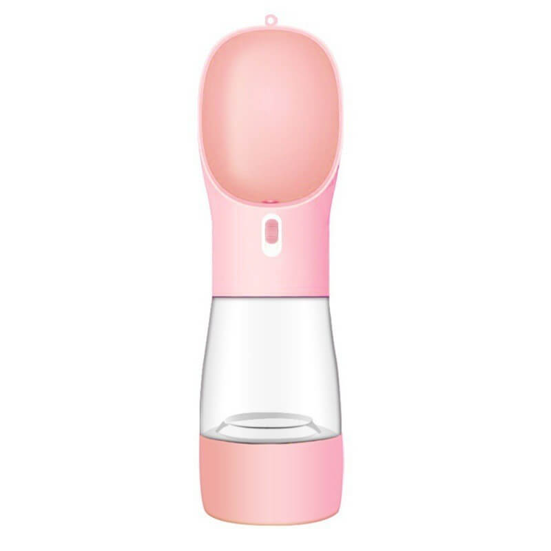 Bouteille d'eau portable pour chien en plastique rose, idéale pour les promenades et randonnées avec votre animal.