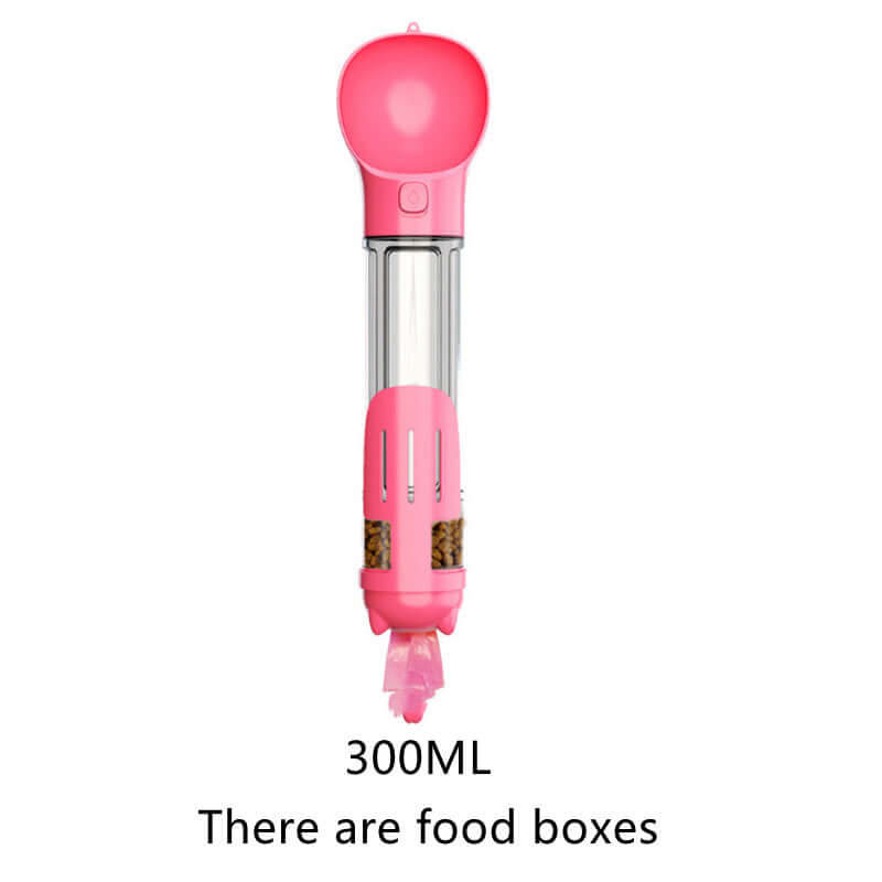 Bouteille d'eau multifonctionnelle pour animaux, 300ml, avec distributeur de nourriture intégré et design coloré.