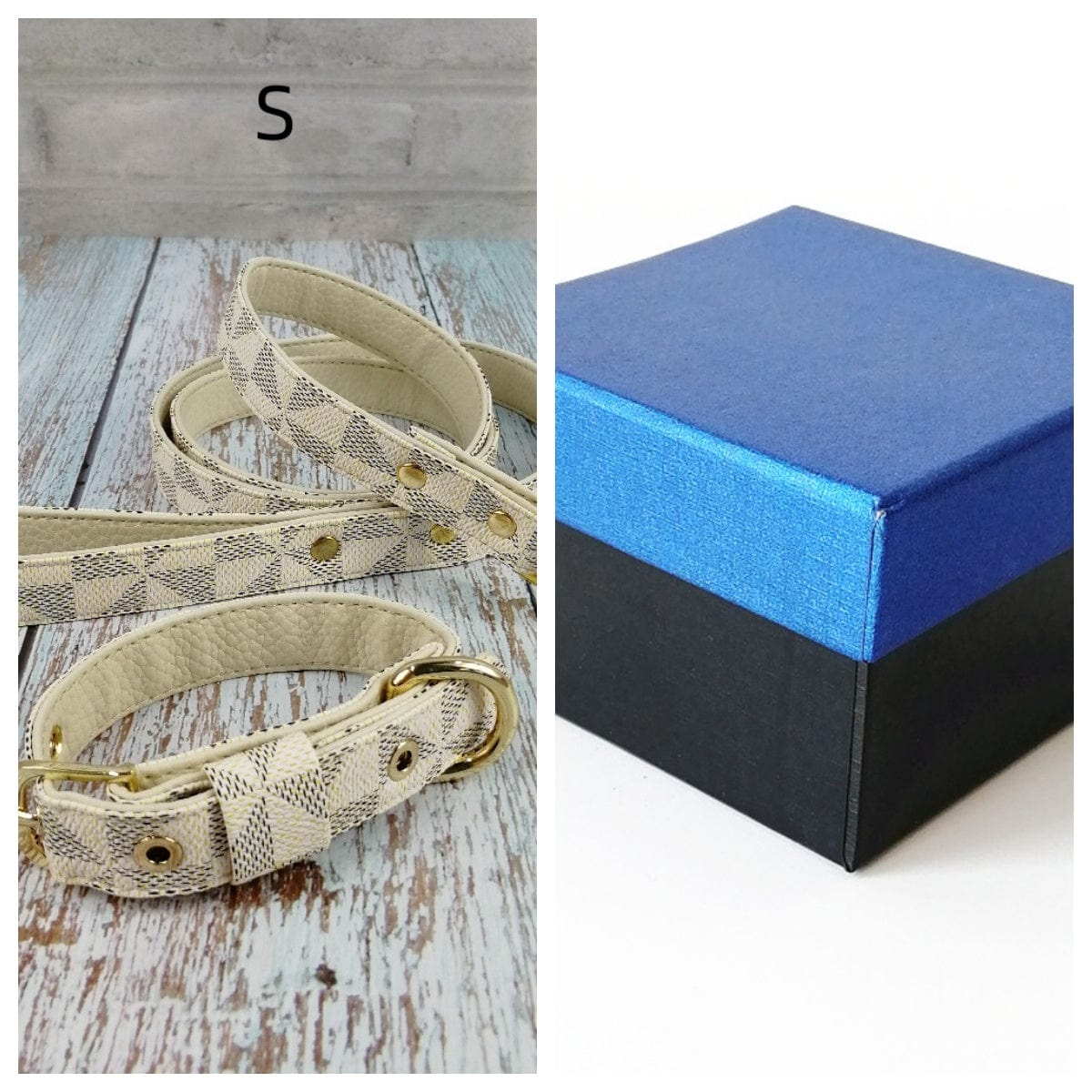 Collier pour chien en cuir à motif écossais, accessoire élégant, boîte de présentation bleue.