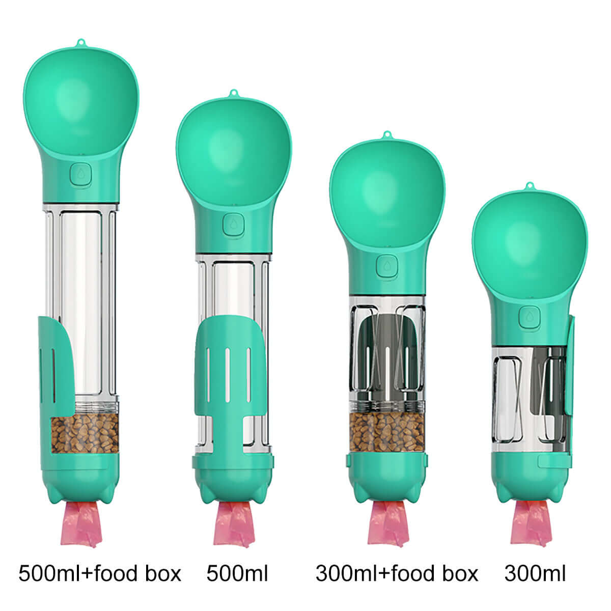 Bouteille d'eau multifonctionnelle pour animaux avec compartiment pour nourriture, disponible en différentes capacités.