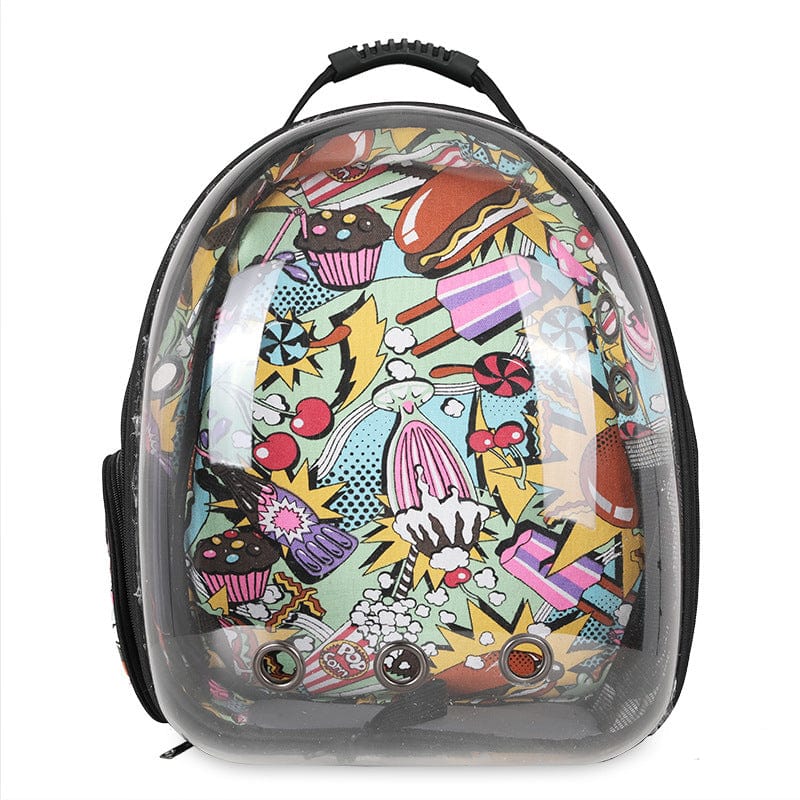 Sac à dos transparent pour animaux avec design coloré de bonbons et nourriture, confortable et respirant.